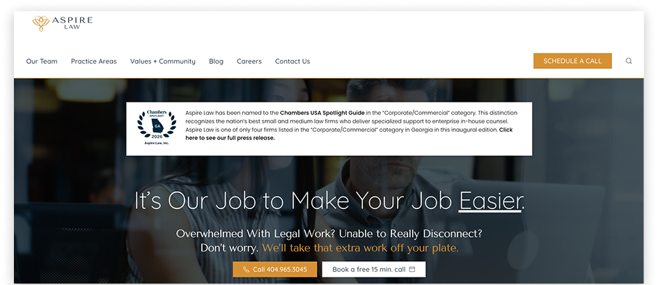 snapshot of the aspire law website